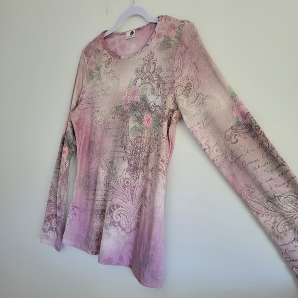 One World Floral Boho Gem Pink Crewneck Long Sleeve Top‎ M - Picture 3 of 7